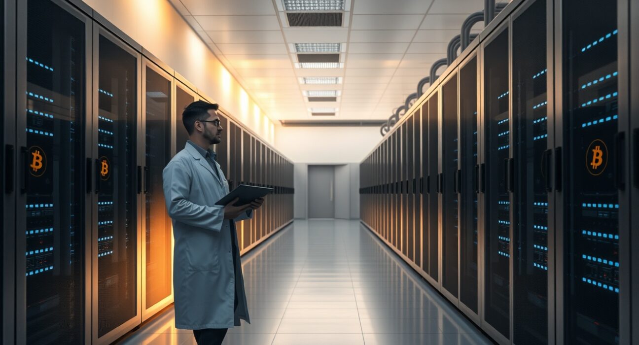 Interior of a modern data center with server racks and a technician walking down the aisle.
