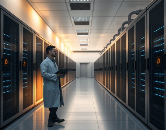Interior of a modern data center with server racks and a technician walking down the aisle.