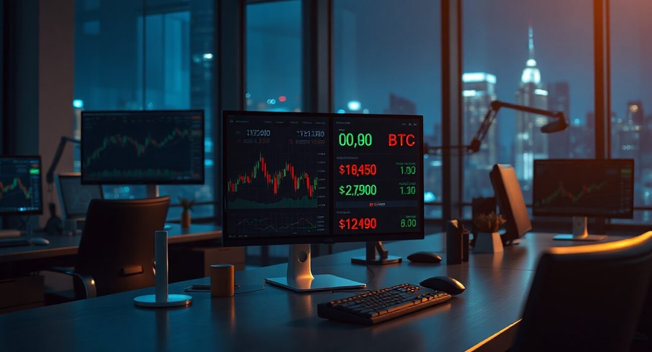 Trading desk monitors showing Coinbase stock and crypto futures charts in a dim office