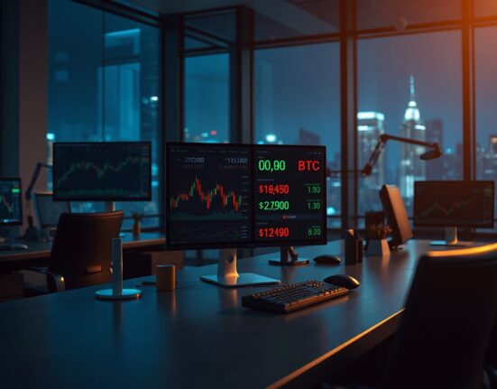 Trading desk monitors showing Coinbase stock and crypto futures charts in a dim office