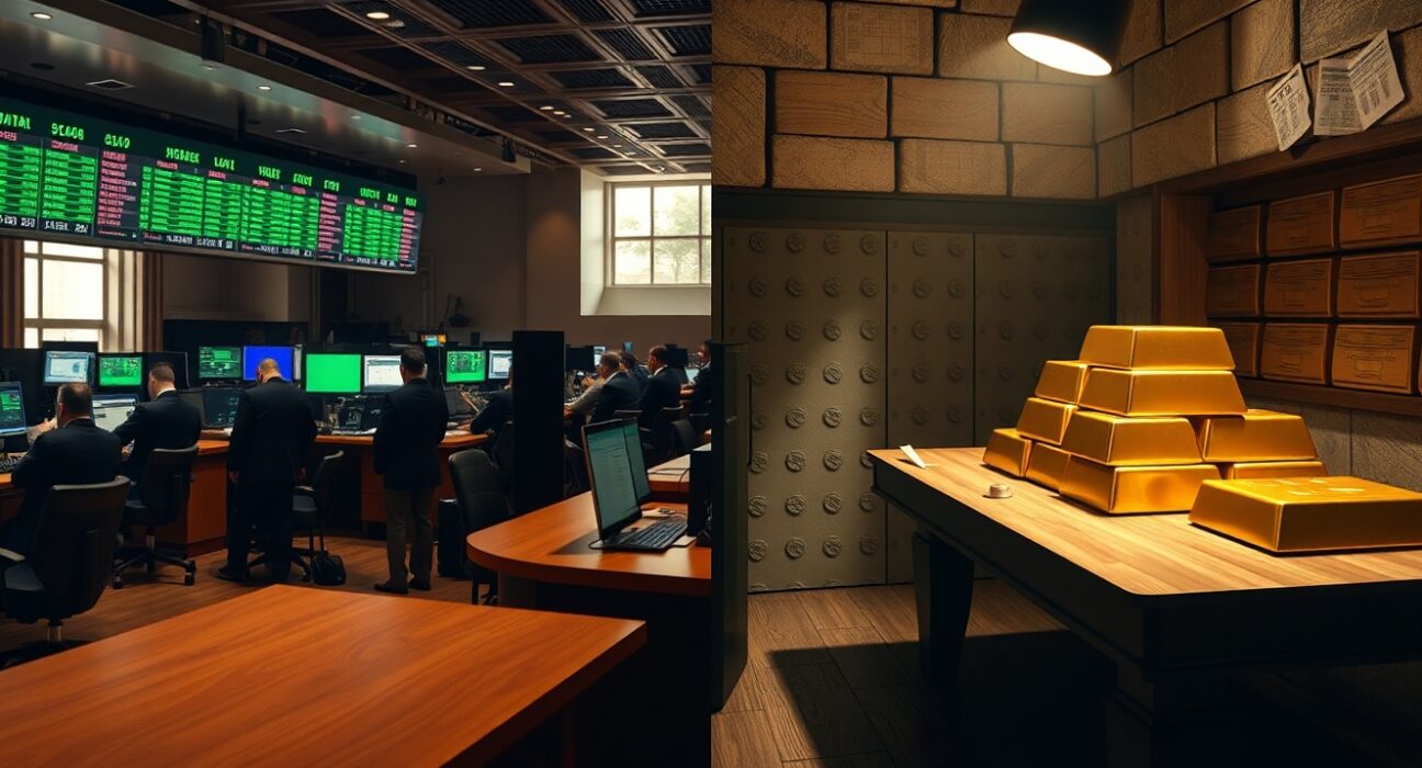 Split image showing calm stock exchange trading floor and gold bars in dim vault