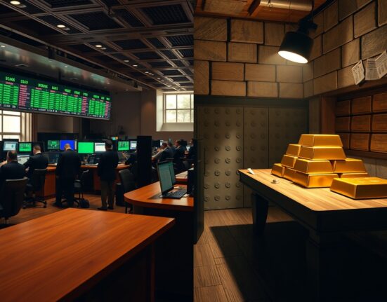 Split image showing calm stock exchange trading floor and gold bars in dim vault