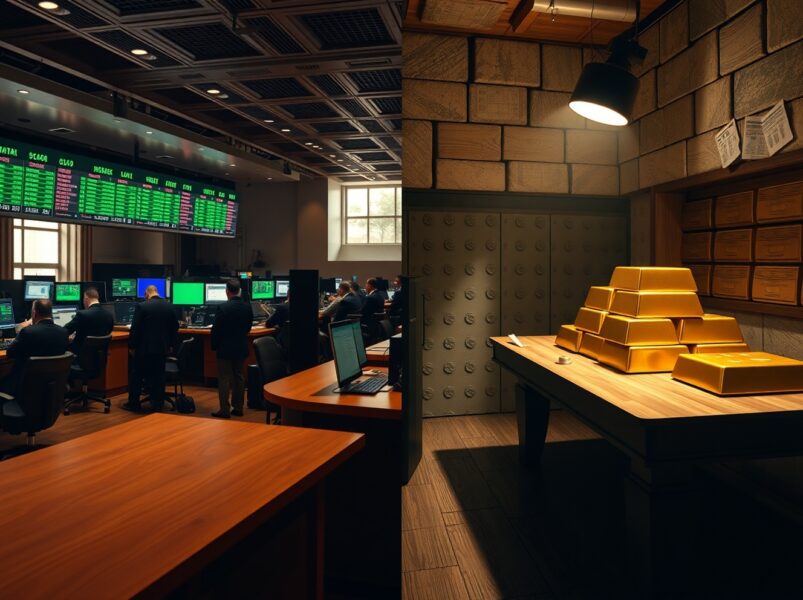 Split image showing calm stock exchange trading floor and gold bars in dim vault