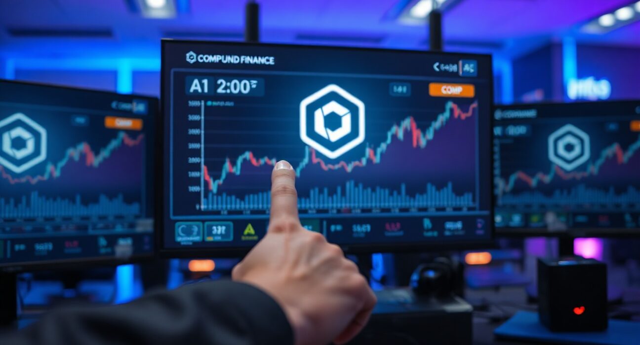 Compound Finance COMP token price chart displayed on a professional trading desk monitor with upward trend analysis