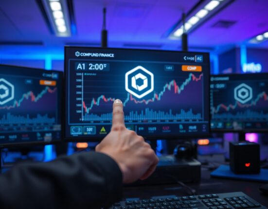 Compound Finance COMP token price chart displayed on a professional trading desk monitor with upward trend analysis