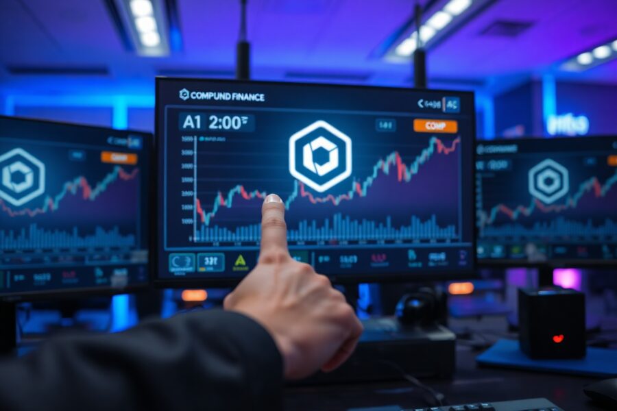 Compound Finance COMP token price chart displayed on a professional trading desk monitor with upward trend analysis