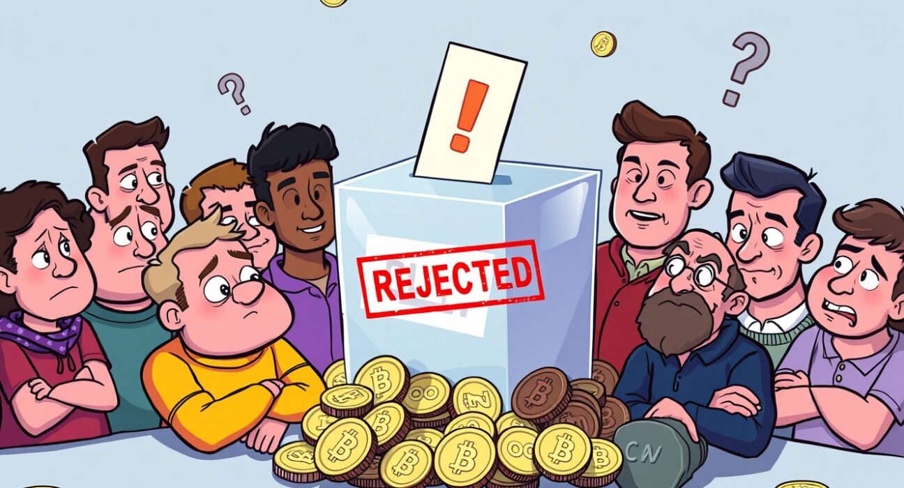 Cartoon illustrating a rejected Compound DAO governance proposal, showing community reactions to the failed COMP token recall.