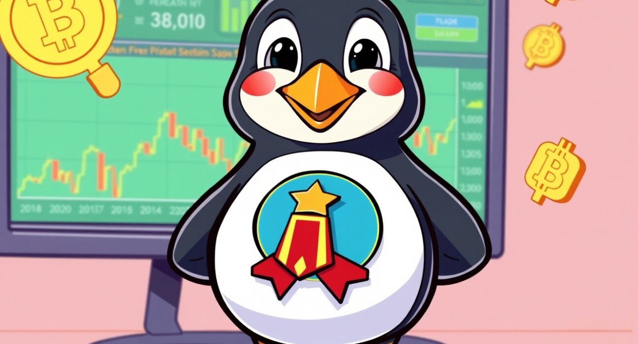 Pudgy Penguin NFT character representing political cryptocurrency adoption with blockchain background