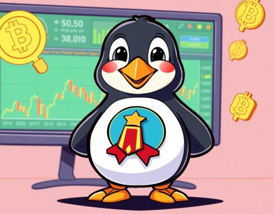 Pudgy Penguin NFT character representing political cryptocurrency adoption with blockchain background