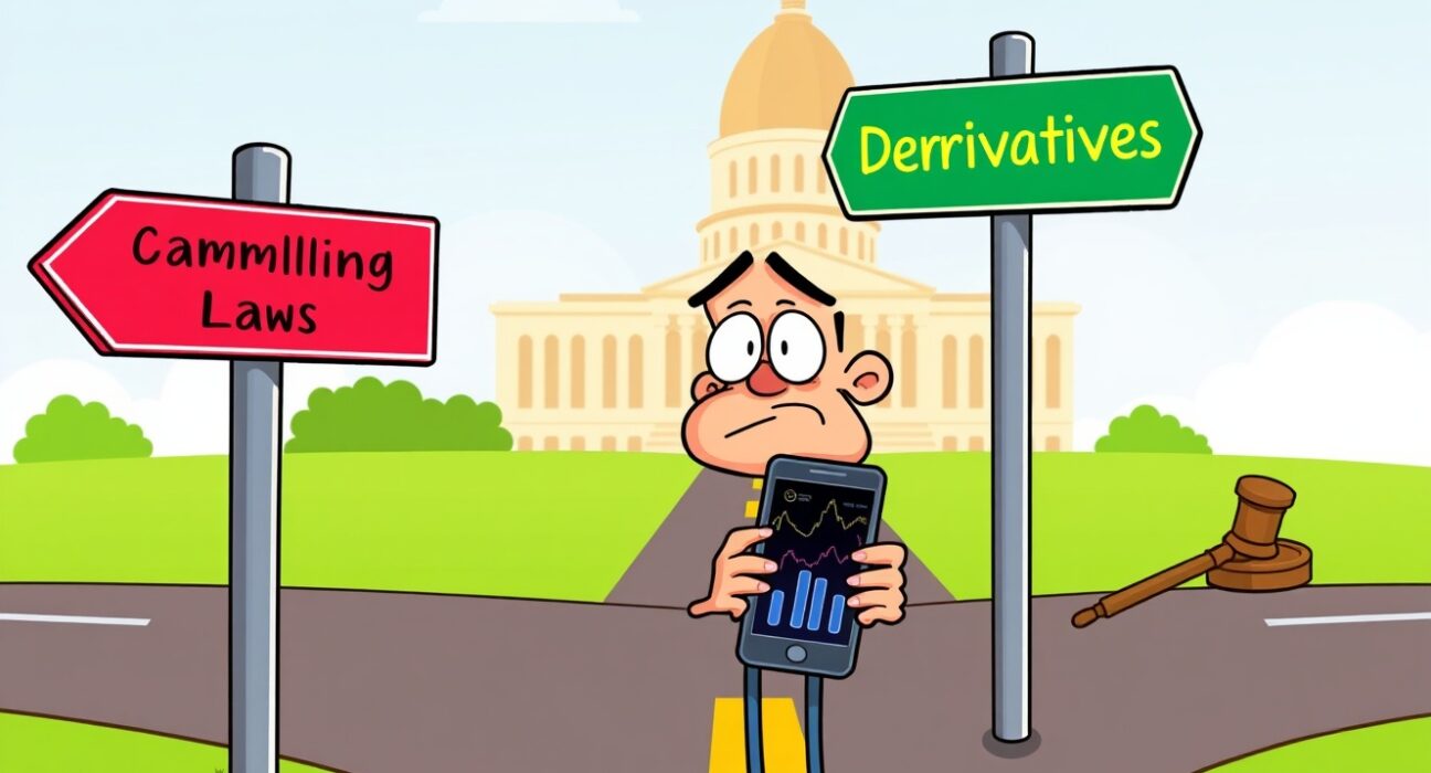 Cartoon illustration of the legal crackdown on prediction market services in Connecticut, showing regulatory confusion.