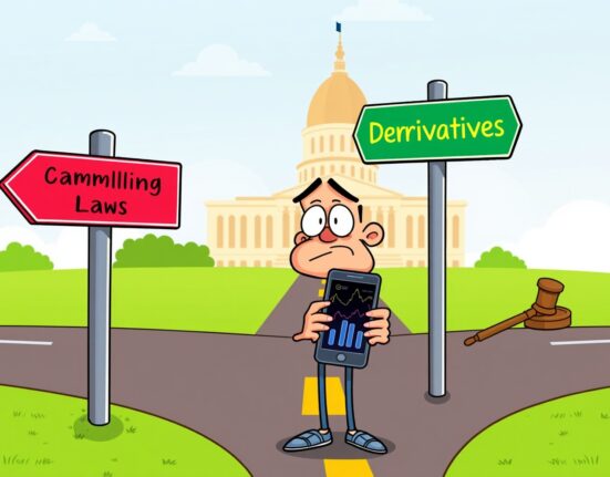 Cartoon illustration of the legal crackdown on prediction market services in Connecticut, showing regulatory confusion.