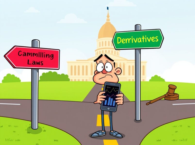 Cartoon illustration of the legal crackdown on prediction market services in Connecticut, showing regulatory confusion.