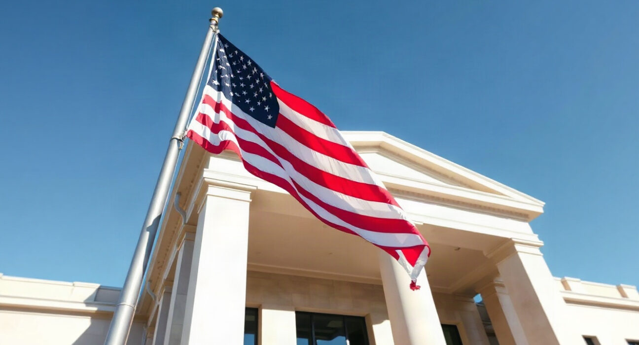 Connecticut courthouse with American flag, representing the state's lawsuit against Kalshi over sports event contracts.