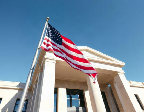 Connecticut courthouse with American flag, representing the state's lawsuit against Kalshi over sports event contracts.