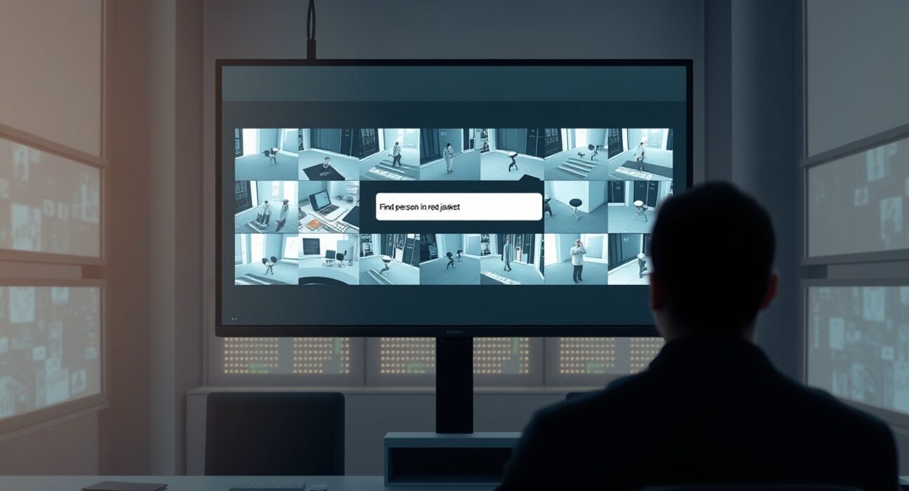 AI video surveillance platform interface monitoring multiple security camera feeds in a professional operations center.