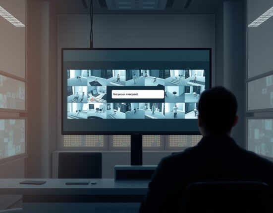 AI video surveillance platform interface monitoring multiple security camera feeds in a professional operations center.