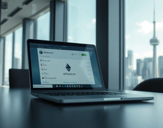 Laptop showing Ethereum transaction with blurred city skyline background