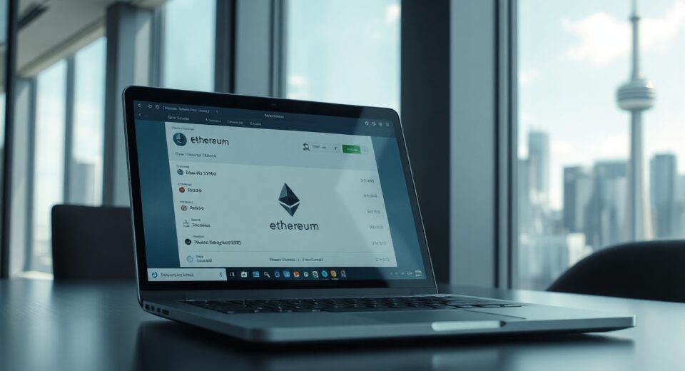 Laptop showing Ethereum transaction with blurred city skyline background