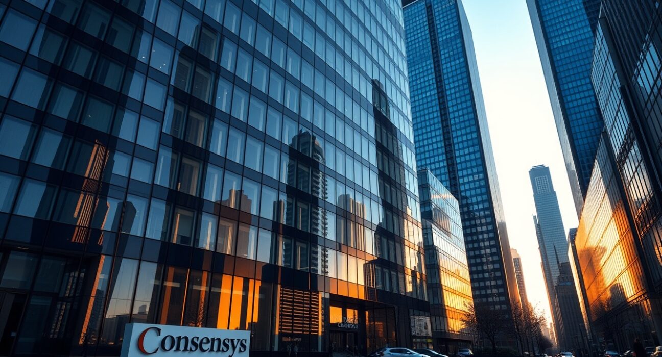 Exterior of Consensys office building in New York City during golden hour