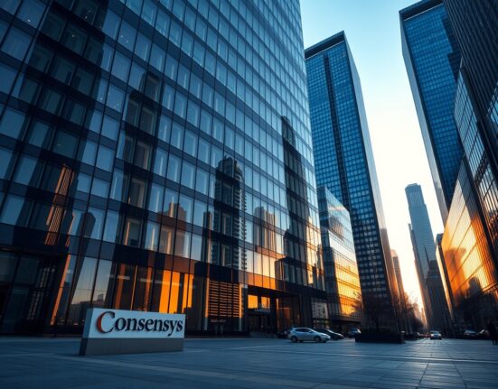 Exterior of Consensys office building in New York City during golden hour