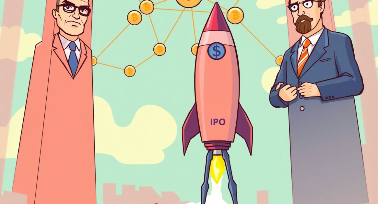 Cartoon illustration of Consensys IPO with JPMorgan and Goldman Sachs, symbolizing a significant partnership in the blockchain space.