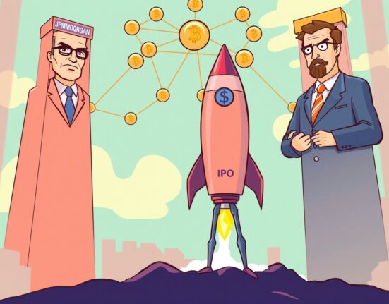 Cartoon illustration of Consensys IPO with JPMorgan and Goldman Sachs, symbolizing a significant partnership in the blockchain space.