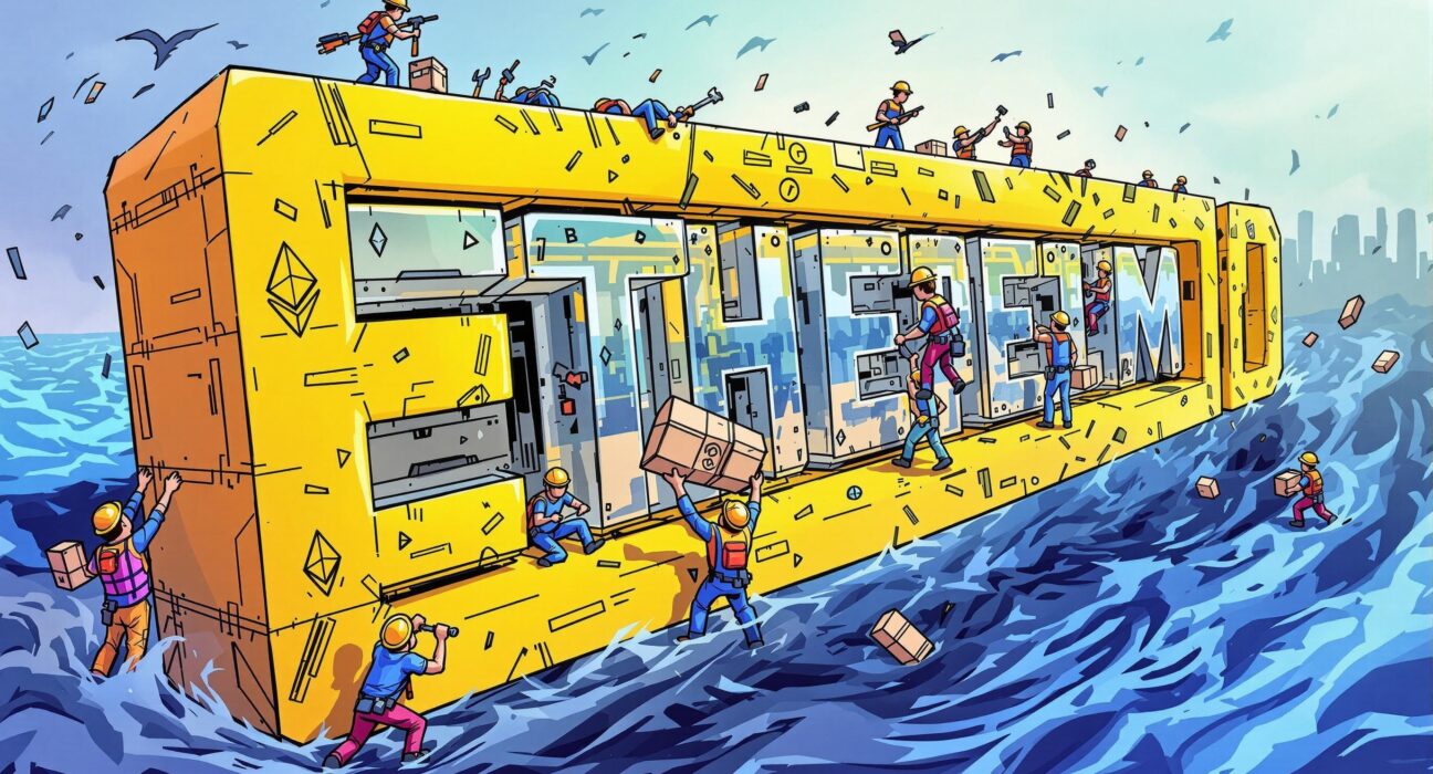 A cartoon illustration depicting strategic ConsenSys layoffs and workforce adjustments within the Ethereum infrastructure.