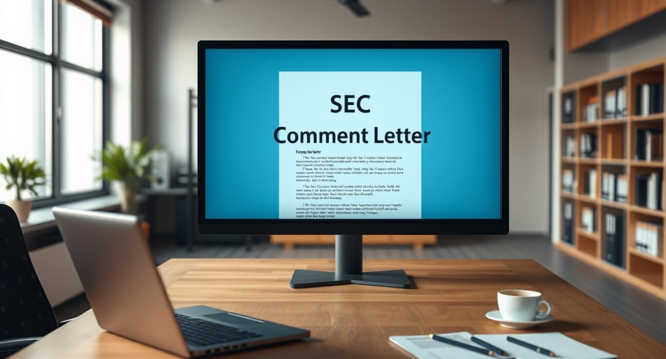 A desk with a monitor displaying an SEC comment letter document from Consensys, in a professional office setting.