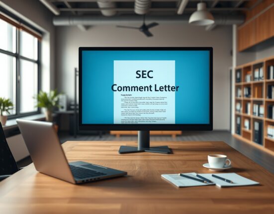 A desk with a monitor displaying an SEC comment letter document from Consensys, in a professional office setting.