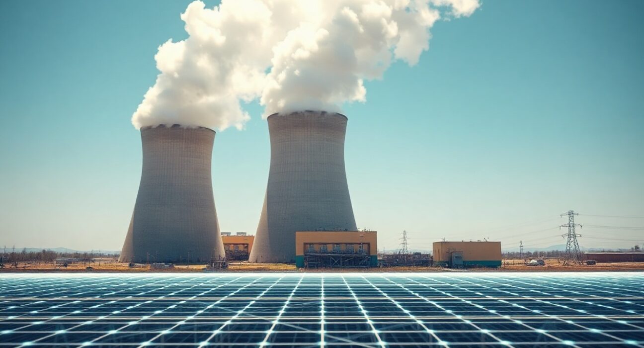 Aerial view of a nuclear power plant with cooling towers, representing Constellation Energy's clean energy infrastructure.