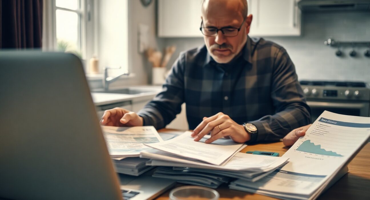 Consumer reviewing credit card bills and financial documents at a table