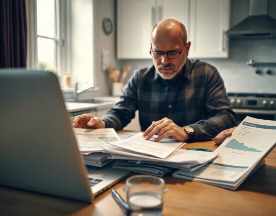 Consumer reviewing credit card bills and financial documents at a table