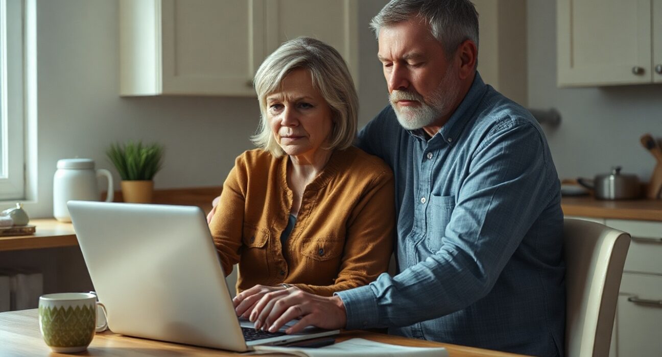 Couple looking at a laptop with a declining economic chart in a kitchen setting