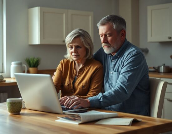 Couple looking at a laptop with a declining economic chart in a kitchen setting