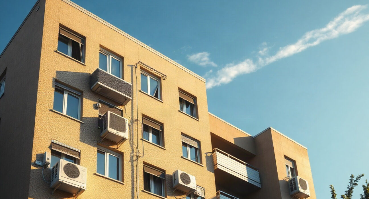 Residential building in CEE with air conditioning units during a heatwave