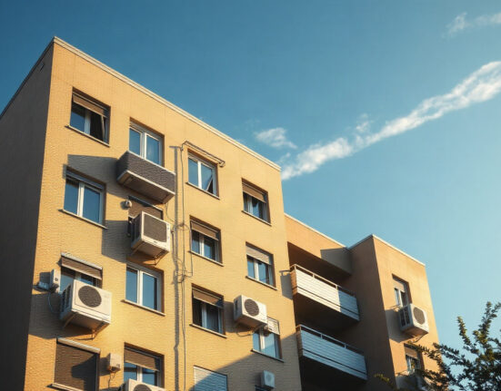 Residential building in CEE with air conditioning units during a heatwave