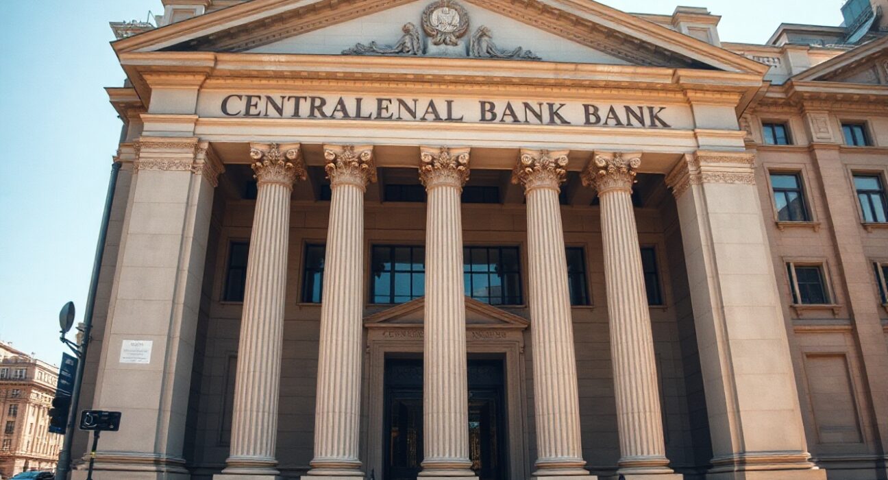 Central bank headquarters building under clear daylight, representing coordinated currency intervention.