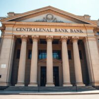Central bank headquarters building under clear daylight, representing coordinated currency intervention.