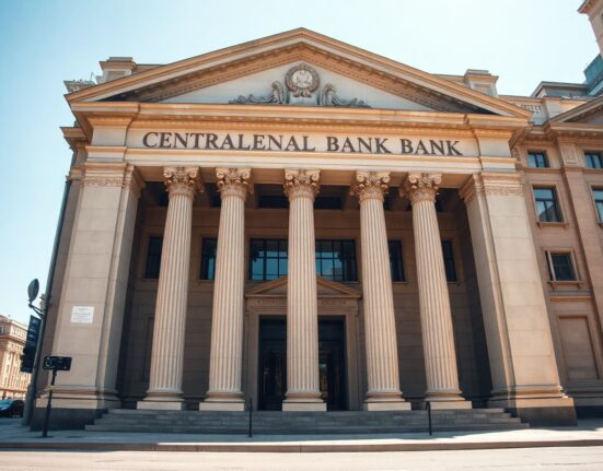 Central bank headquarters building under clear daylight, representing coordinated currency intervention.
