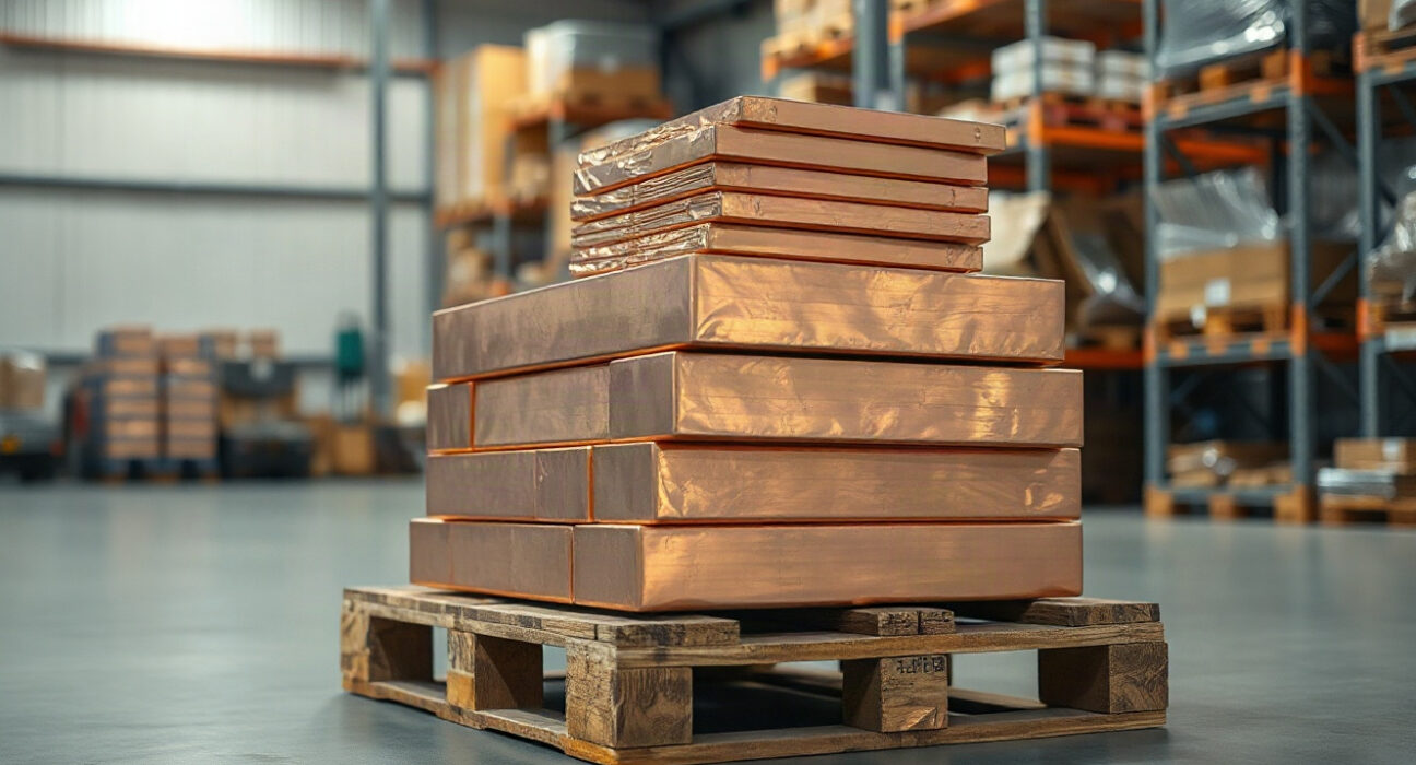Raw copper ore and refined copper cathodes in an industrial warehouse, representing AI-driven demand for copper.