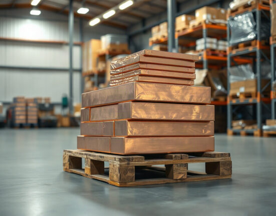 Raw copper ore and refined copper cathodes in an industrial warehouse, representing AI-driven demand for copper.