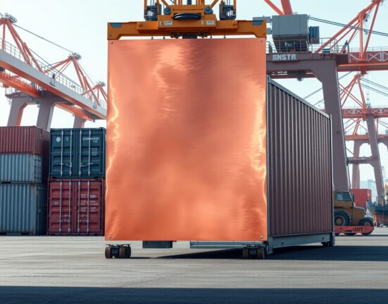 Copper cathode loading at industrial port representing global copper market dynamics