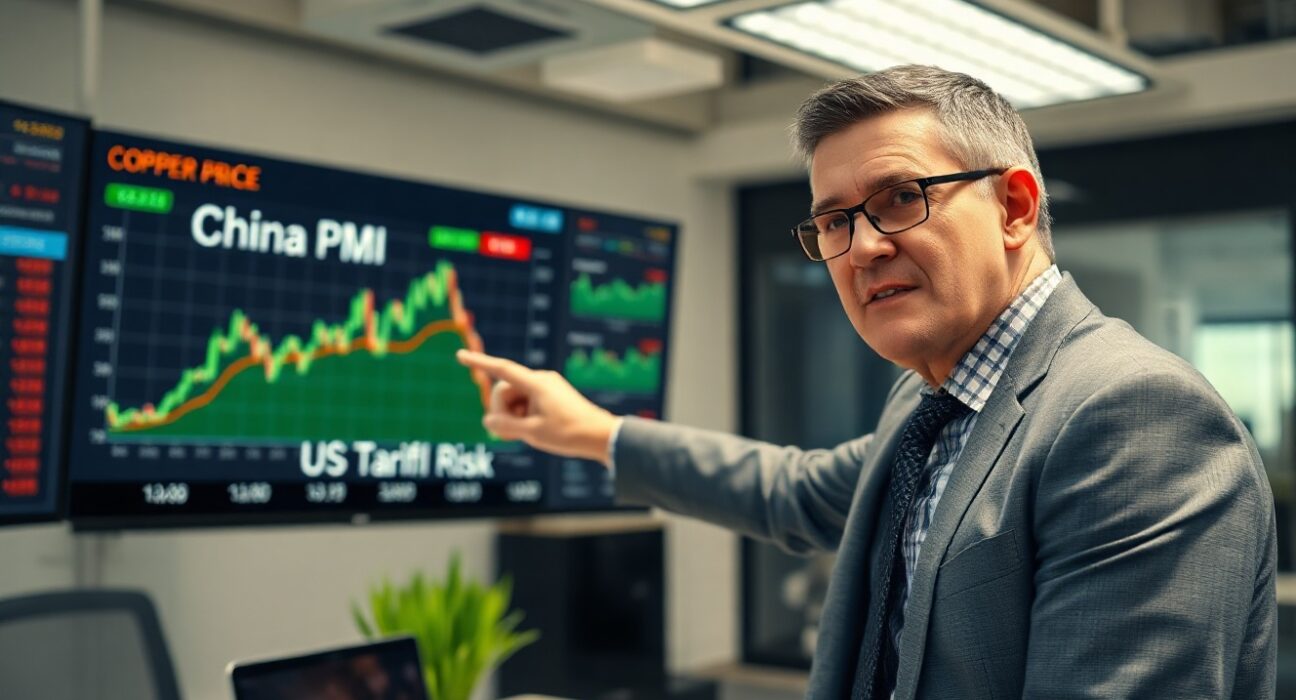 Analyst reviewing copper price chart with China PMI and US tariff risk indicators