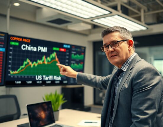 Analyst reviewing copper price chart with China PMI and US tariff risk indicators
