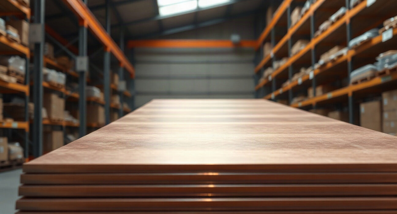 Copper cathode plates stacked in an industrial warehouse, highlighting the metal's role in commodities markets.