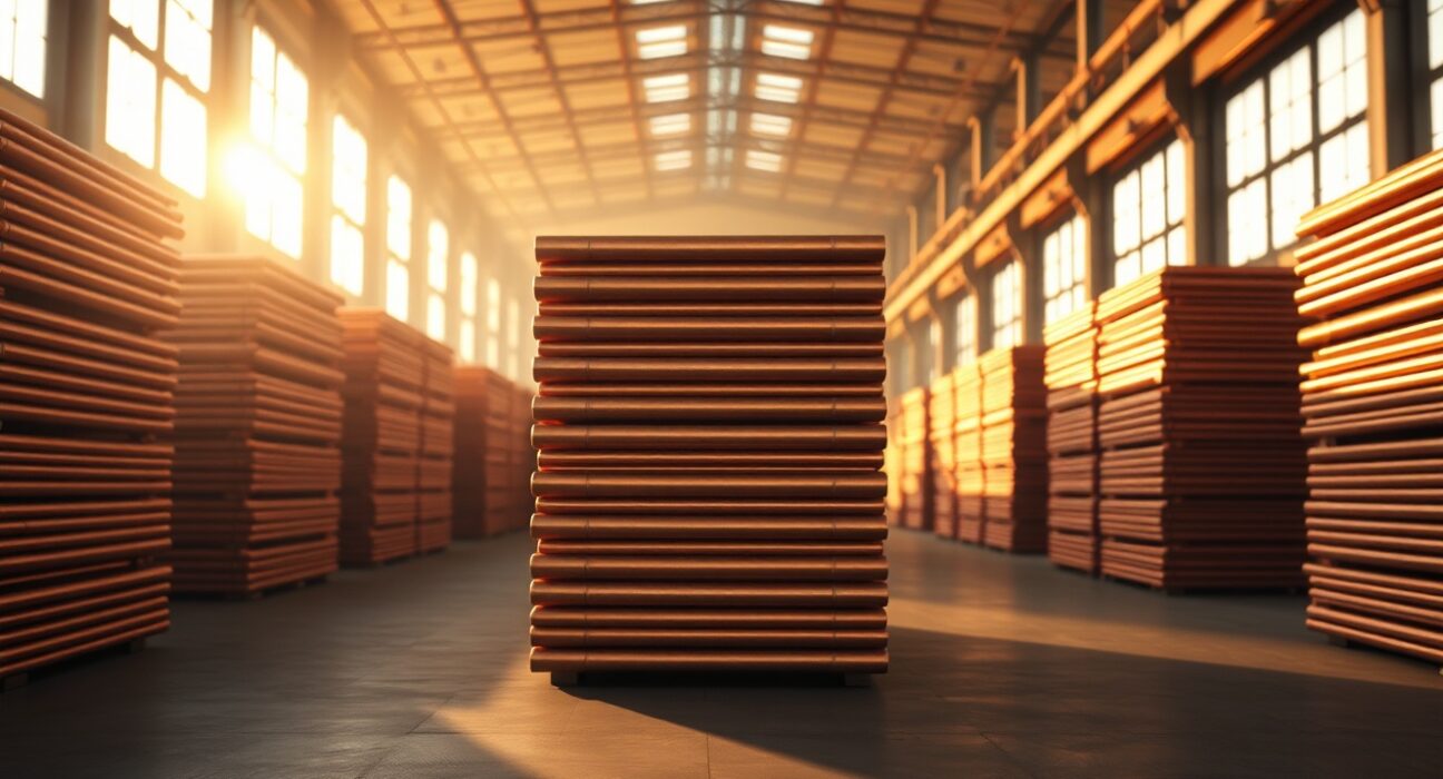 Stacked copper cathodes in a warehouse with soft natural lighting