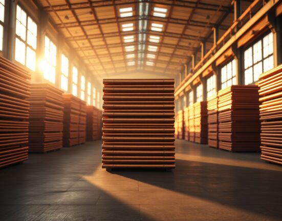 Stacked copper cathodes in a warehouse with soft natural lighting