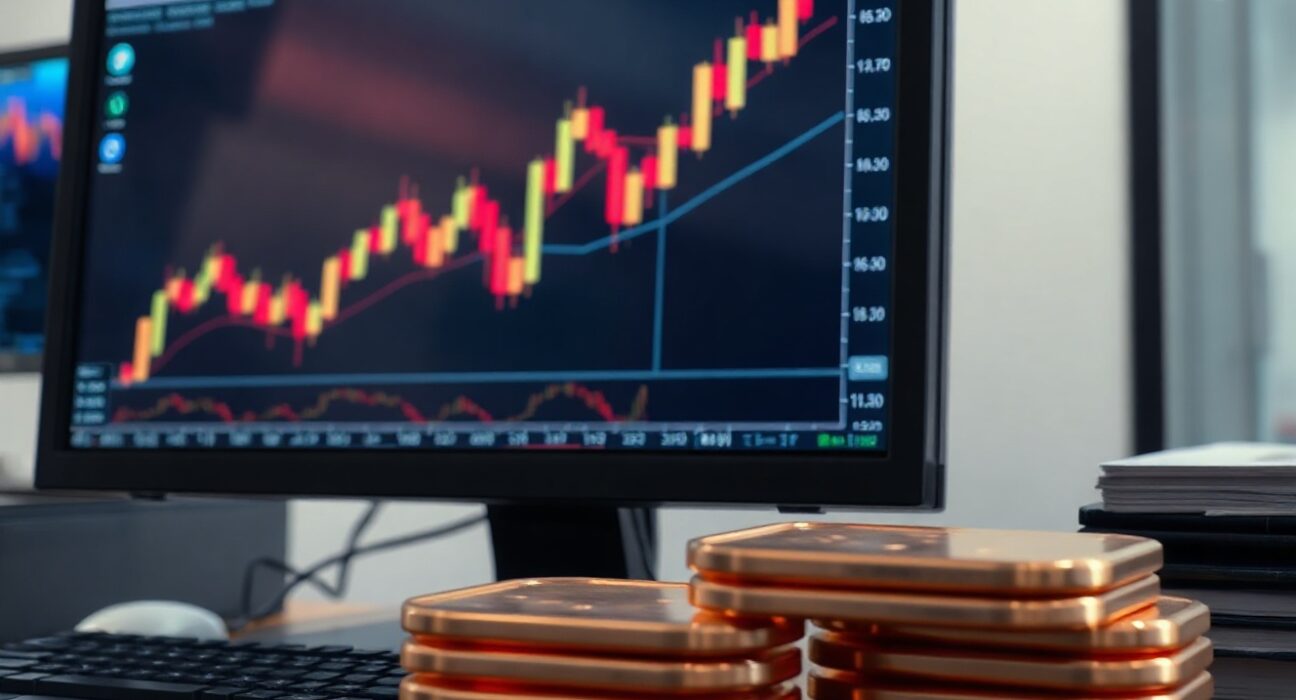 Copper futures chart showing upward momentum on a trading screen with copper cathode in foreground