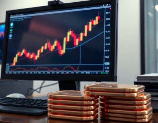 Copper futures chart showing upward momentum on a trading screen with copper cathode in foreground