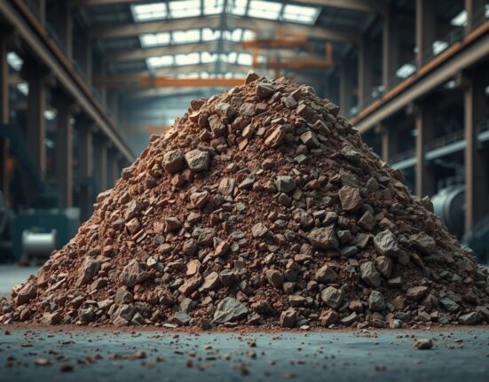 Close-up of raw copper ore in an industrial warehouse, representing commodity market volatility.